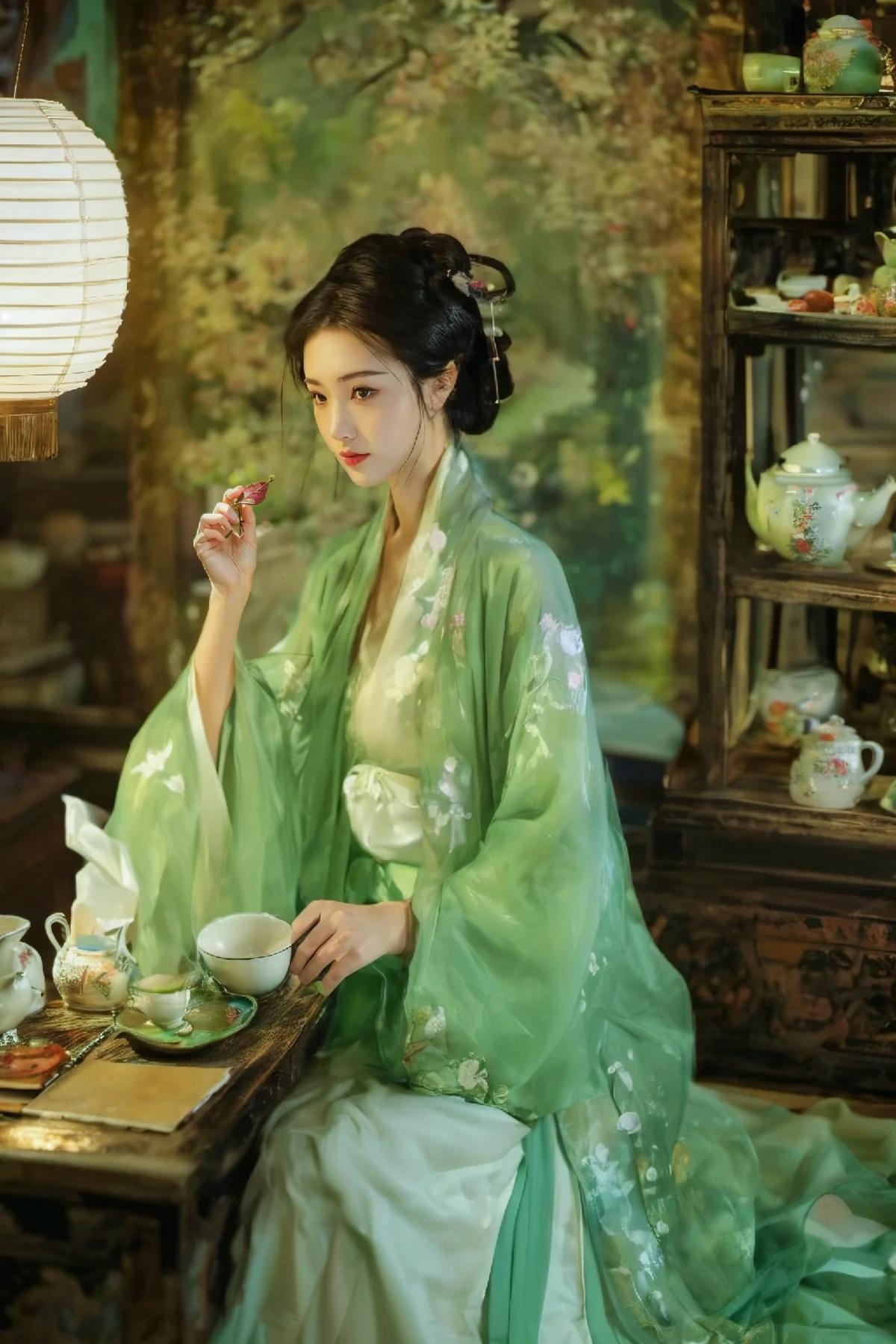 (8k, RAW photo, best quality,masterpiece:1.2),(realistic, photo-realistic:1.37)
Tea house, teapot, teacup, green